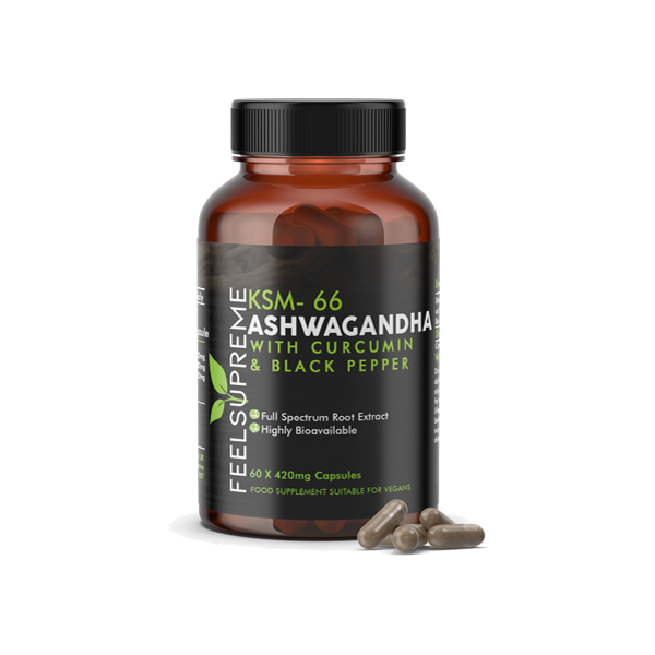 JWNBN0158X0348.png Feel Supreme 25200mg KSM66 Ashwagandha With Curcumin Capsules - 60 Caps - Image 1
