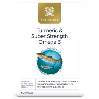 Healthspan Turmeric Omega 3 Capsules contain high-quality turmeric extract, responsibly sourced omega-3 fish oil with added vitamins C and D3.